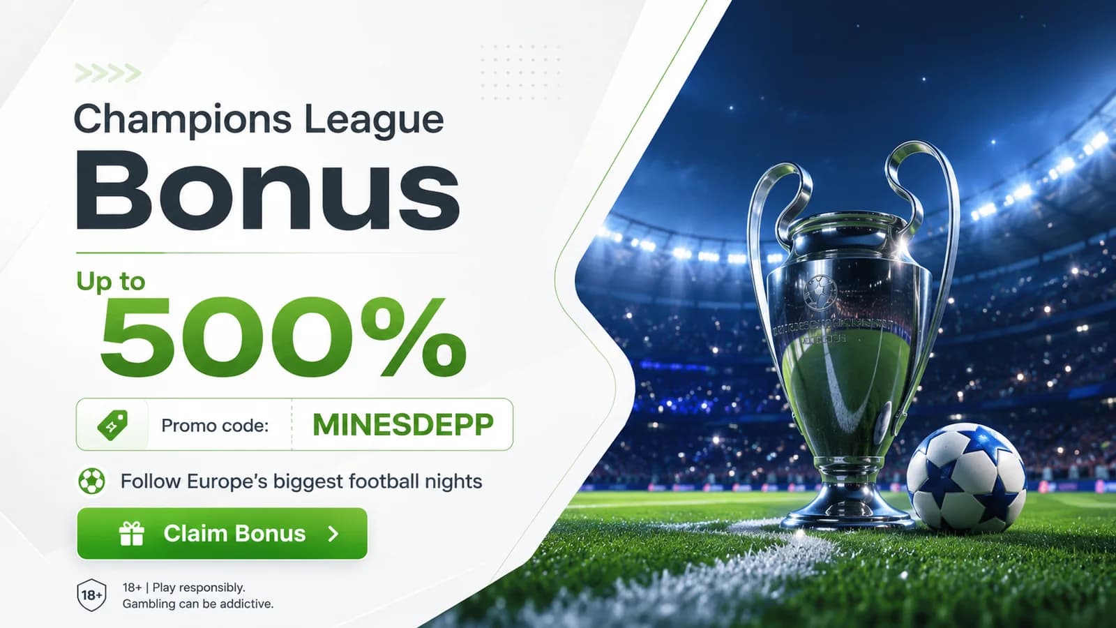 Clickable Champions League section banner: partner offer and current 1win promo code