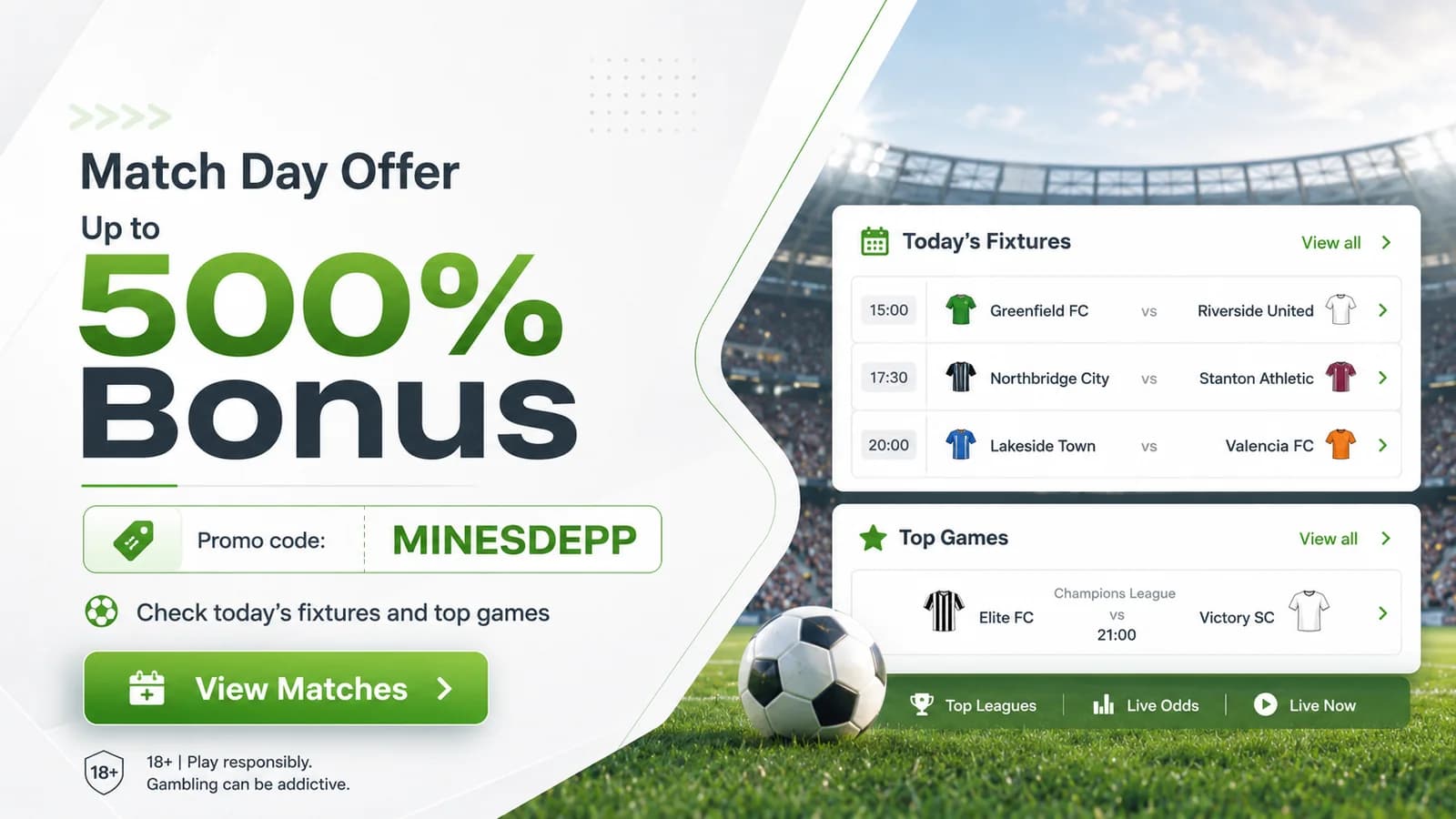 Clickable matches page banner: partner offer and current 1win promo code