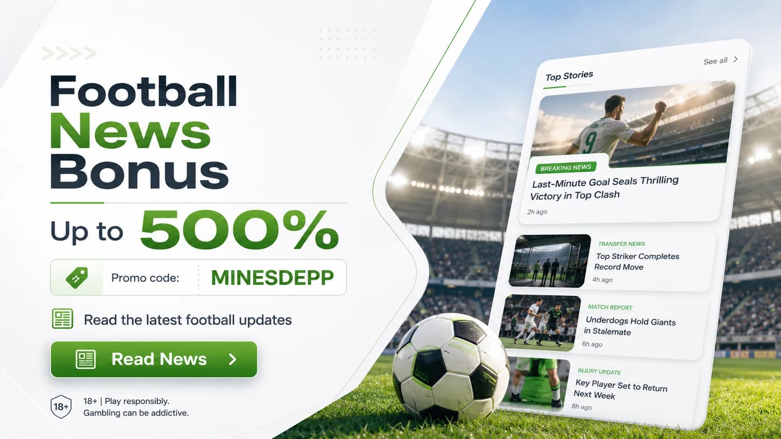 Clickable football news page banner: partner offer and current 1win promo code
