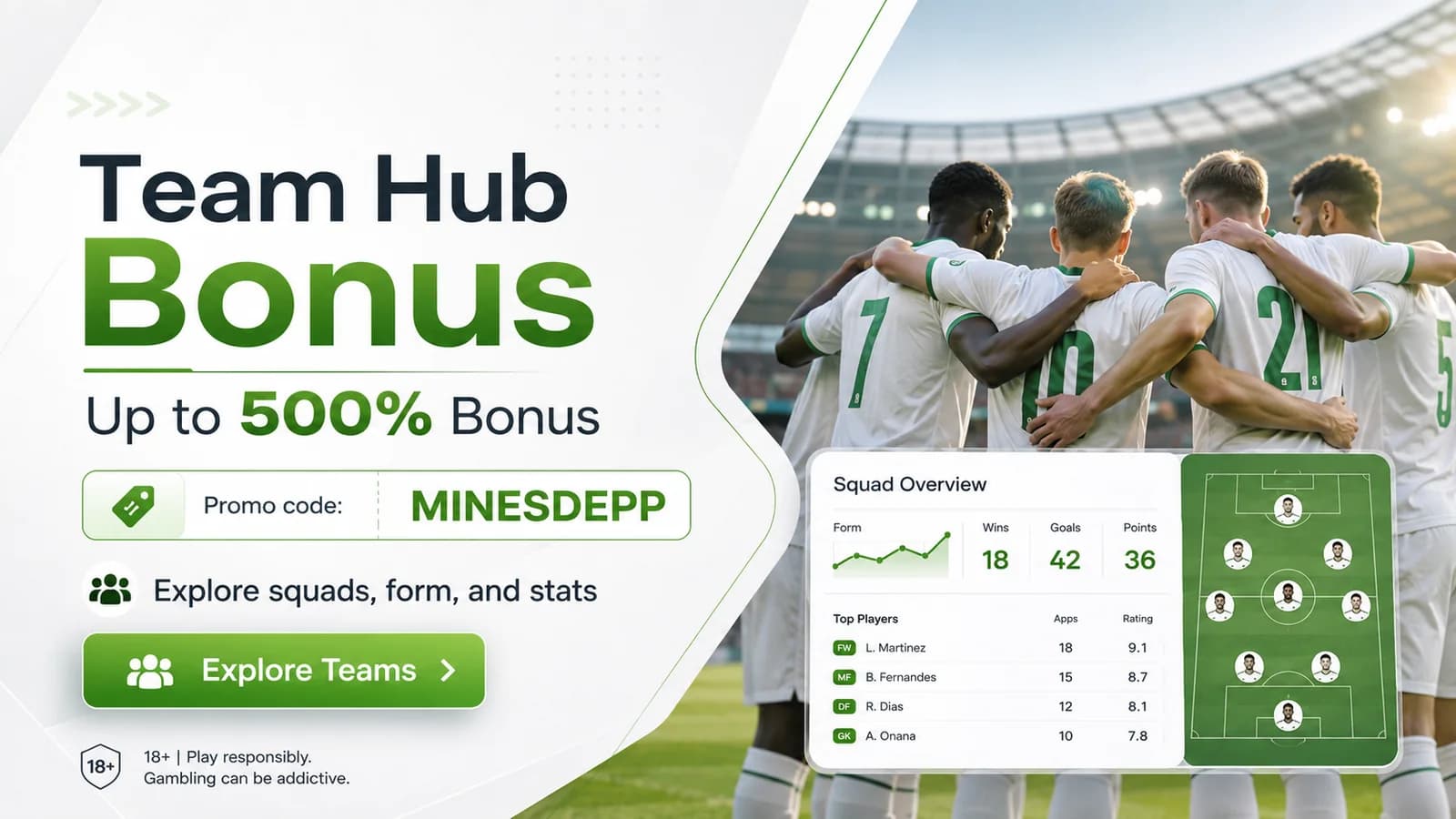 Clickable teams section banner: partner offer and current 1win promo code