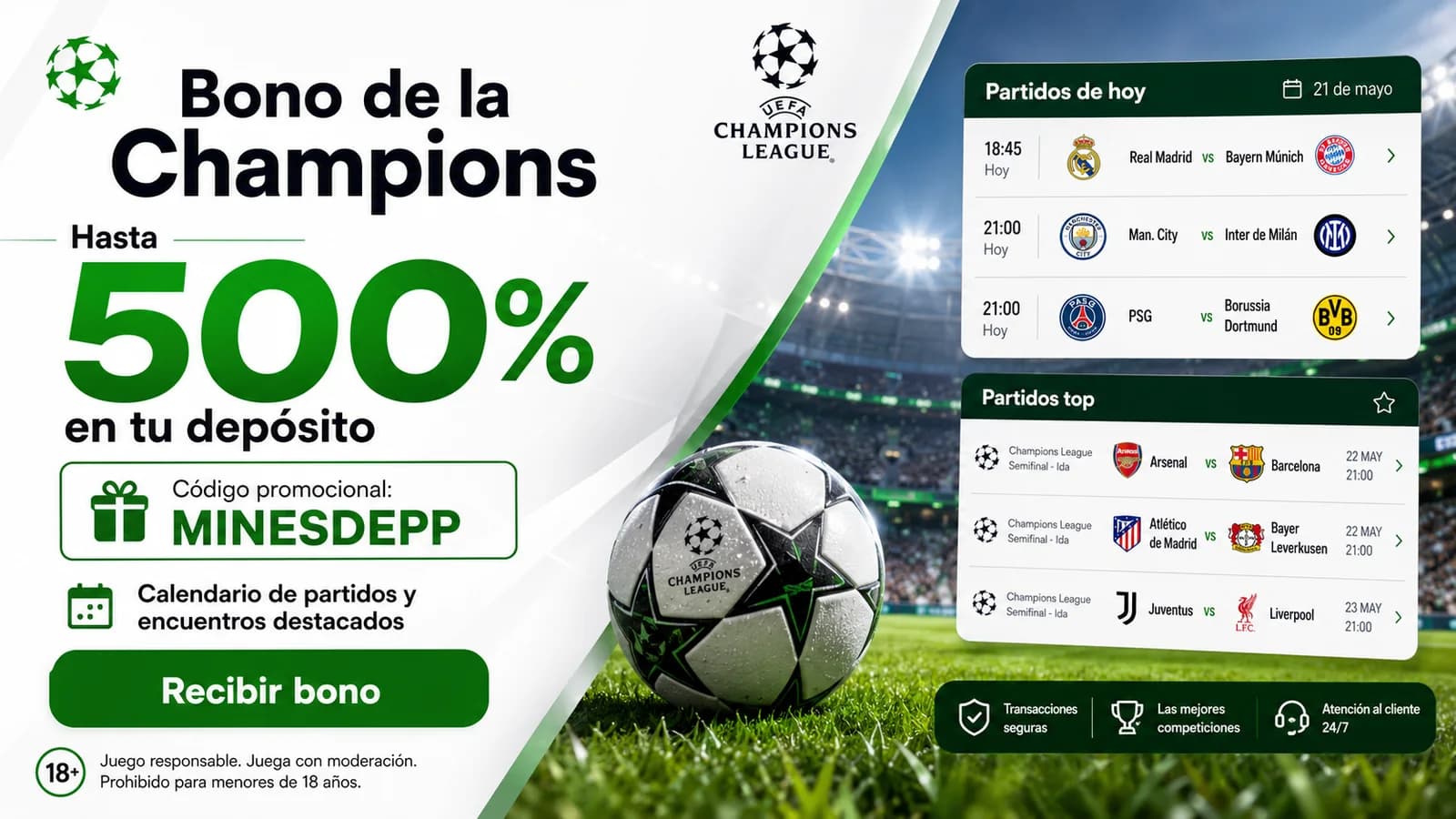 Banner promocional de la página de partidos: oferta del socio y código actual de 1win