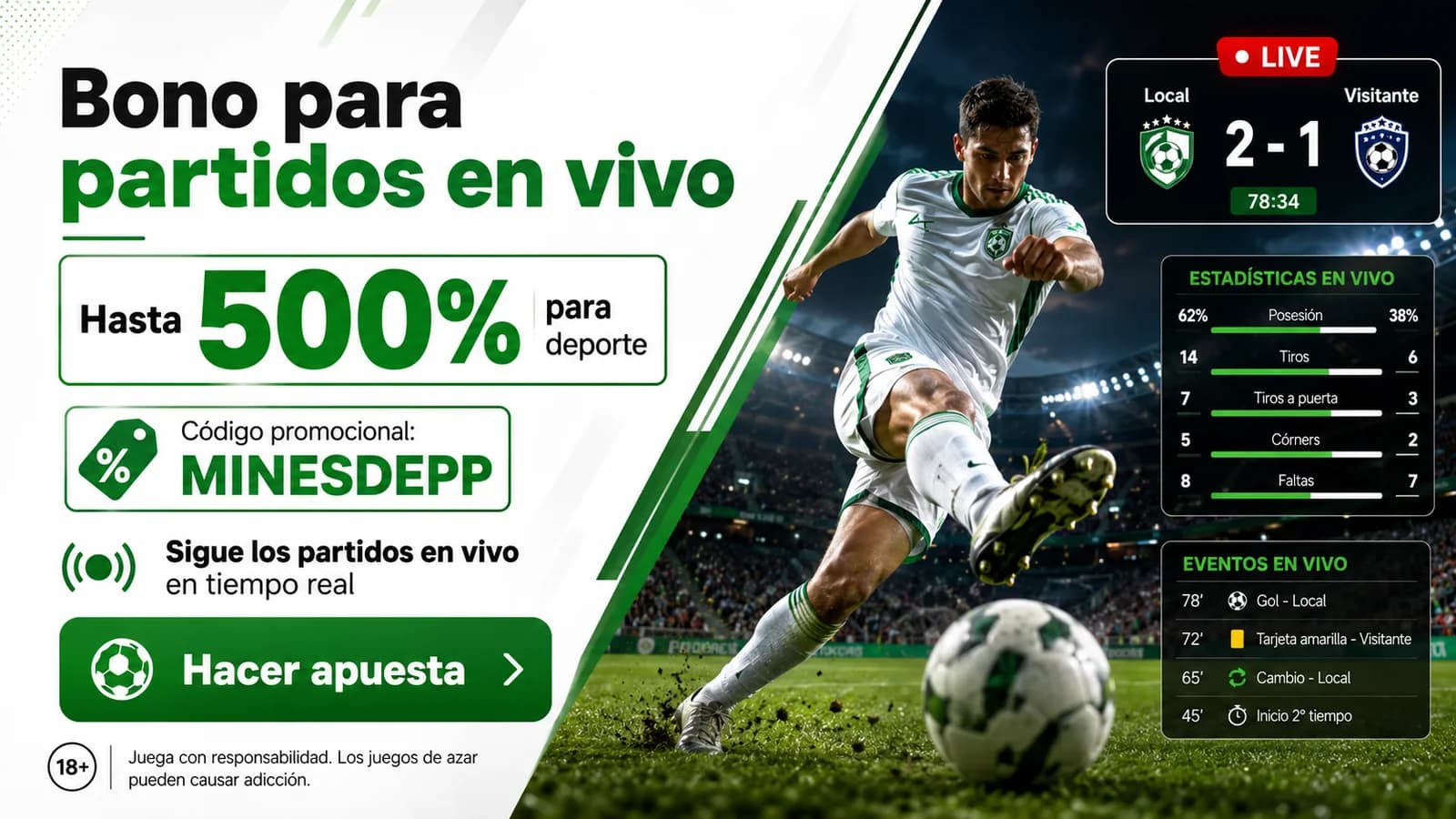 Banner promocional de la sección en vivo: oferta del socio y código actual de 1win