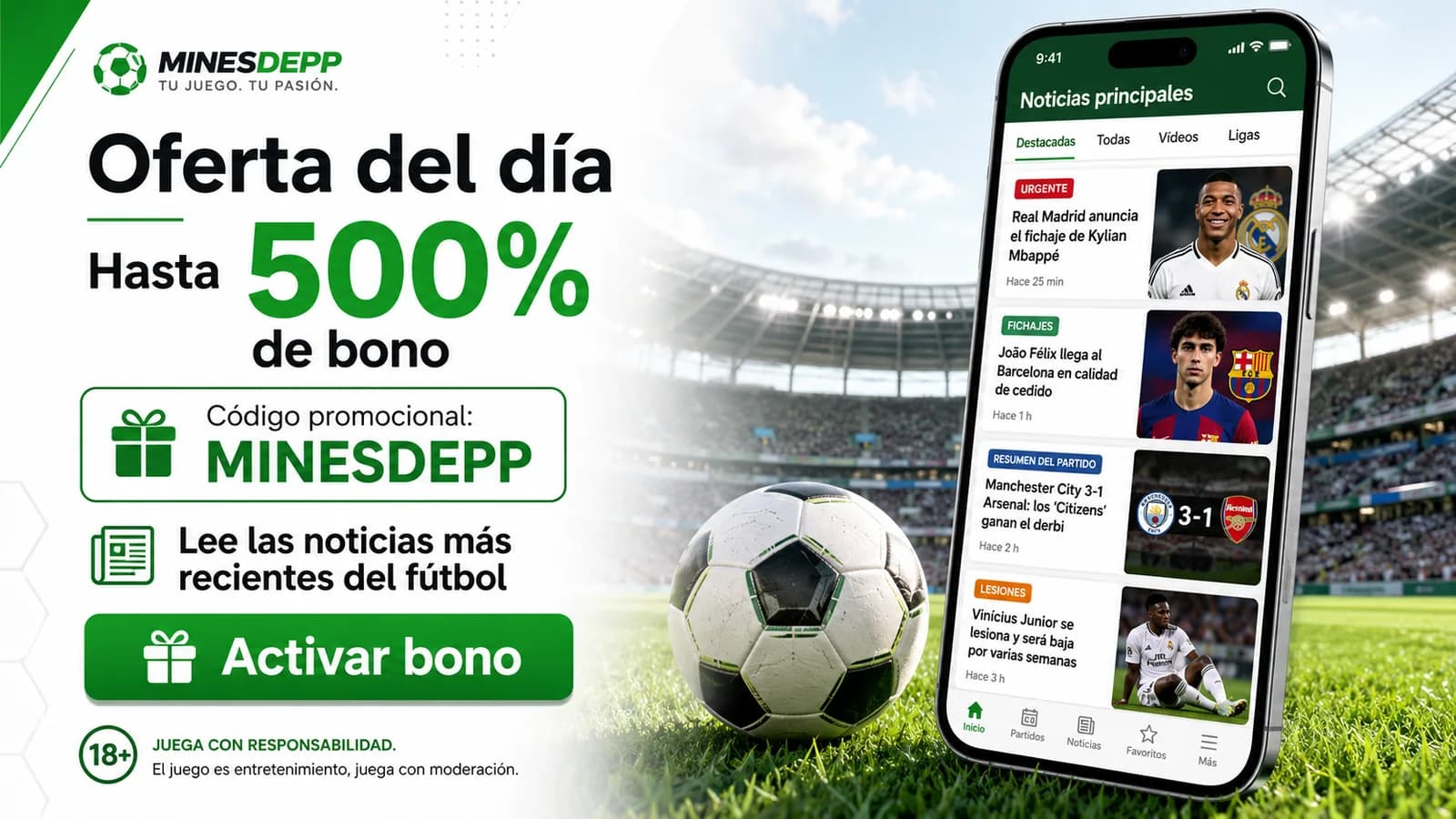 Banner promocional de la página de noticias de fútbol: oferta del socio y código actual de 1win