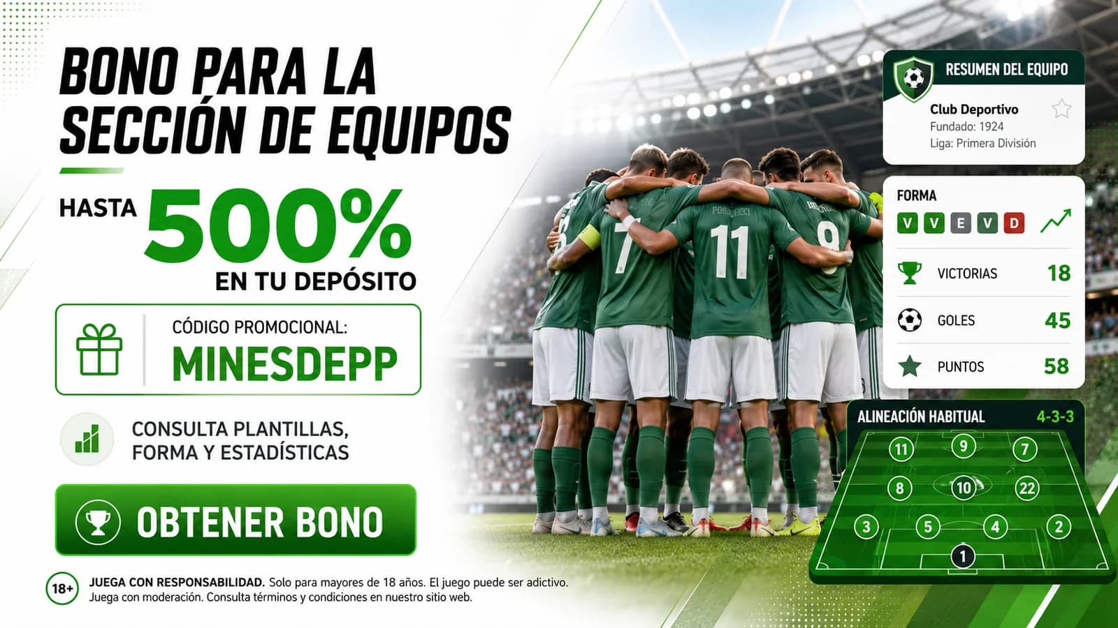 Banner promocional de la sección de equipos: oferta del socio y código actual de 1win